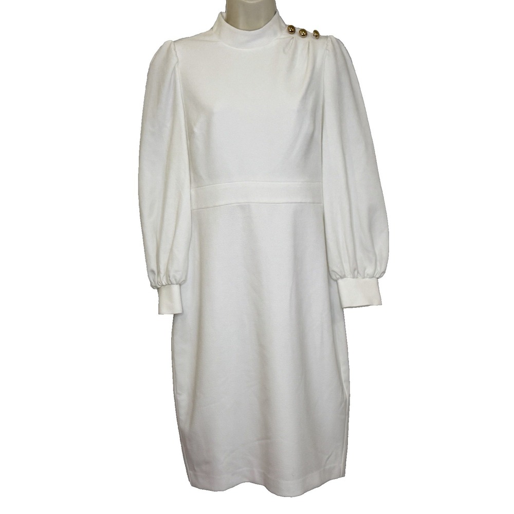Eliza J Dress Womens Sz 8P Petite Ivory Long Puff Sleeve Gold Button Detail NEW